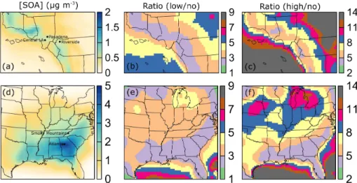 Figure 1. 14 day averaged SOA concentrations, in µg m −3 , for (a) SoCAB and (d) the eastern US for the SOM-no simulations