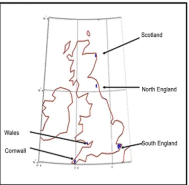 Fig 3. Locations of initial population in the simulation. The markers show the four locations from which the simulation begins.