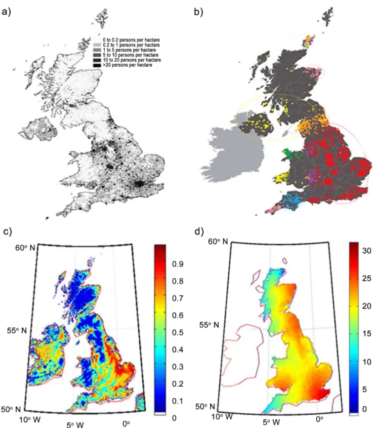 Fig 5. Maps of the British Isles. a) the current British population density b) the genetic map, c) the habitability of the landmass, and d) simulated distribution in population after 2000 steps.