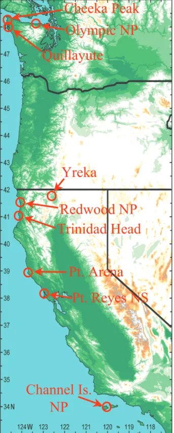 Fig. 1. Map of the North American west coast showing location of surface sites from which the data sets discussed were collected