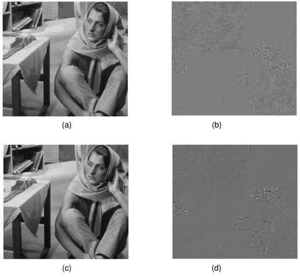 Figure 8. Barbara image compressed at (a) 0.5 bpp, PSNR = 30.30 dB, (b) the error image, and (c) 1.05  bpp PSNR = 35.26, (d) the error image 