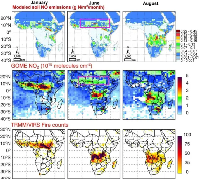 Fig. 5. Comparison of modelled soil NO emissions (g N m −2 month −1 ) (a) with space-based observations of NO 2 column concentrations (10 15 molecules cm −2 ) as reported in Jaegle et al