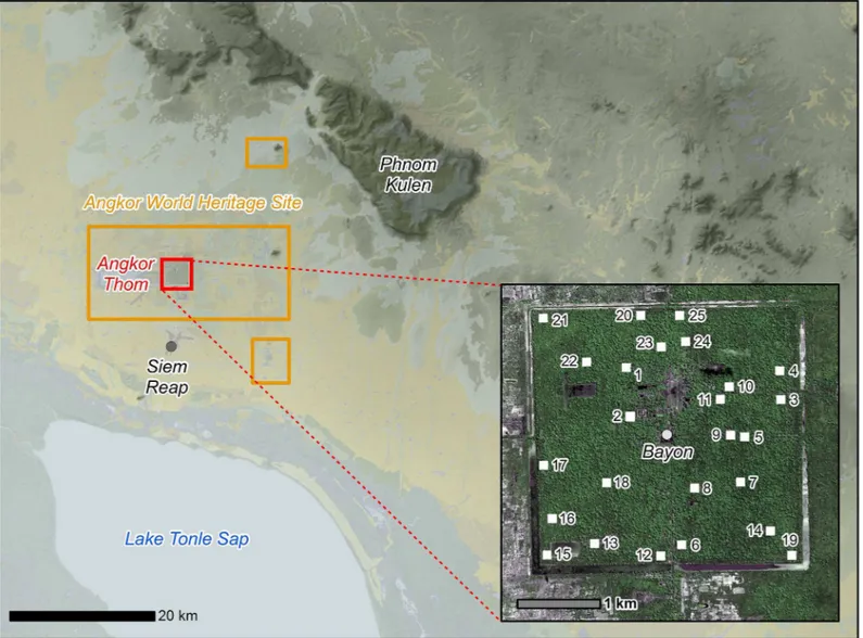 Fig 1. Map of the study area. Location of the Angkor World Heritage Site/ Angkor Archaeological Park, background data courtesy of NASA-SRTM/