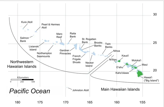Figure 1. Map of the Hawaiian Archipelago and Johnston Atoll showing sampling locations and geographic division between the Northwestern Hawaiian Islands and the Main Hawaiian Islands.