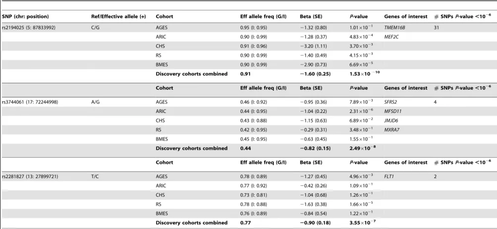 Table 2. Association of index SNP with retinal arteriolar caliber at three top loci for each discovery cohort and meta-analysis.