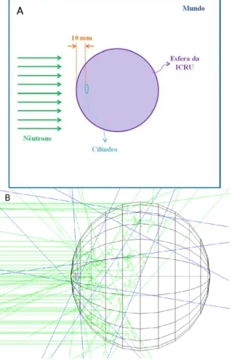 Figura 2:  Esquema da geometria implementada no G EANT 4 para o  cálculo da fluência,  ϕ,  de  nêutrons  no  volume  sensível  (ﬁgura  A)  e  simulação da irradiação no G EANT 4 (ﬁgura B).