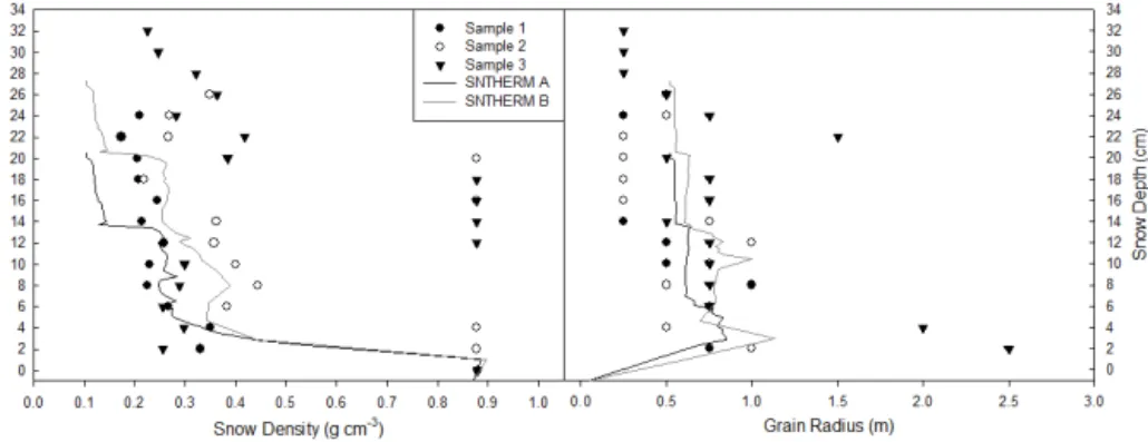 Figure 8. In situ measured and SNTHERM simulated density and grain radius values. Note the high density ice layer observed in samples 2 and 3, between 12 and 22 cm snow depth.