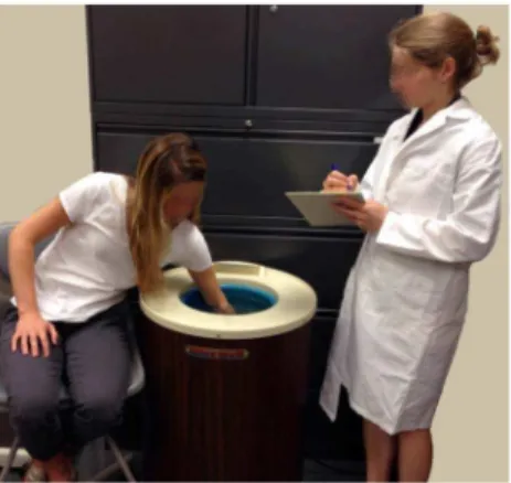 Fig. 1. Socially Evaluative Cold Pressor Test (SECPT). Image represents the SECPT, in which participants immerse their arm, up to the elbow, in ice water (4 ˚ C) for up to 3 minutes, in front of a videocamera and experimenter.