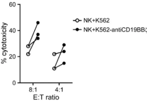 Figure 5. NK cells that acquired anti-CD19 CARs were more cytotoxic against patient-derived primary B-ALL cells
