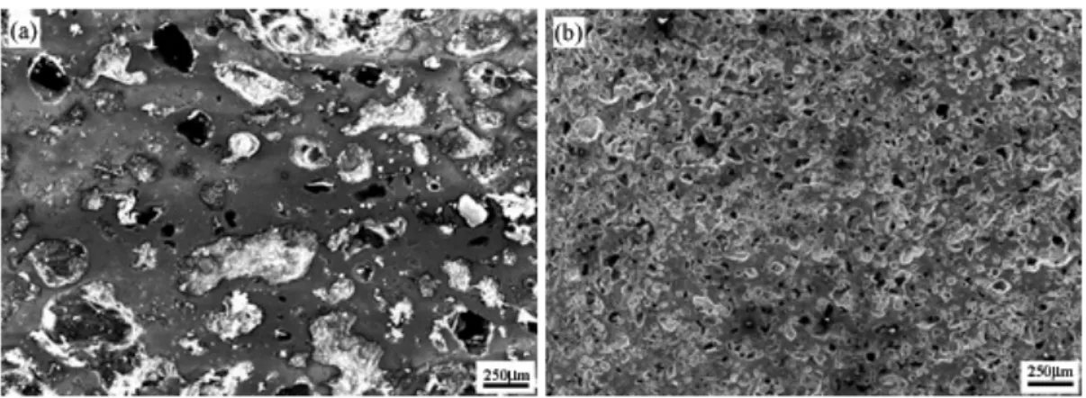 Figs 3 and 4 show the SEM micrographs and XRD patterns of the SHS reaction  products synthesized by green compacts with a molar ratio of Ti : C = 1.0 mixed with 30  wt.% Al, and (a) 0, (b) 6 wt