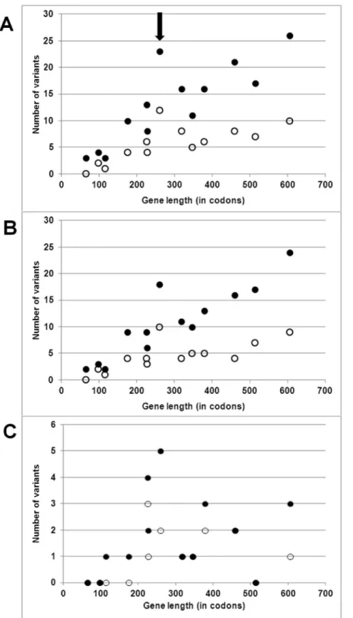 Figure 2. Scatterplot of number of variants recorded as a function of length of each of the 13 protein-coding mtDNA genes