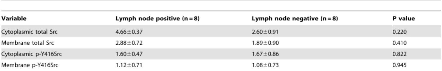 Table 4. Relationship between lymph node status and Src expression/activity/localization in ER+BC.