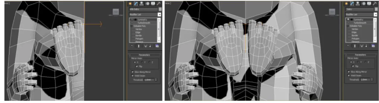 Figure 9: Respectively, step without and with the use of the Symmetry modifier. 