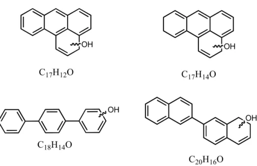 Fig. 3. Proposed black carbon structures based upon the assigned molecular formulas. The position of the hydroxyl group is uncertain as indicated by the wavy bond on the structure.