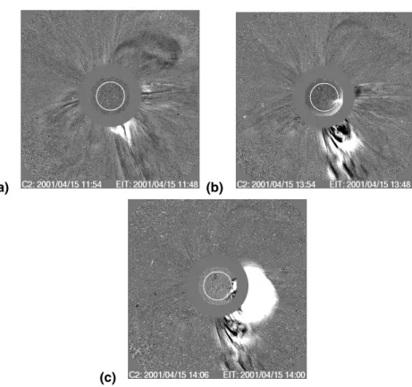 Fig. 4. Consecutive phases of the 15 April 2001 SF/CME event development evident from the data of LASCO SOHO (C2) coronograph images: (a) pre-event (11:54 UT), (b) early in the event (13:54 UT) and (c) peak of the event(14:06 UT).
