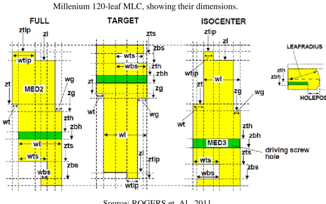 Figure 2: Detailed cross-sections of the three leaf types (full, target and isocenter) of Varian  Millenium 120-leaf MLC, showing their dimensions