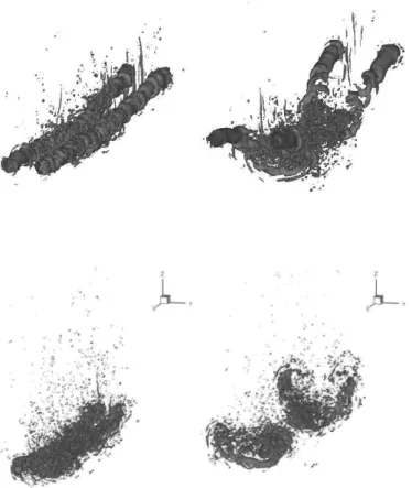 Fig. 6. E ff ects of initial perturbation on the isosurface λ 2 =−0.3 of the vorticity invariant at t = 120 s (top) and t = 140 s (bottom)