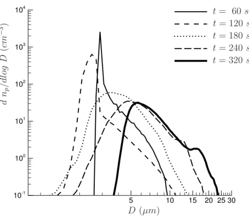 Fig. 9. Evolution of the distribution of ice particle diameter during the vortex and dissipation regimes (run V D1).