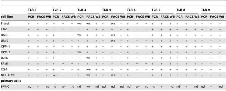 Table 1. Expression of toll-like receptors in myeloma cell lines and primary bone marrow mononuclear cells from MM patients.