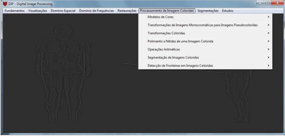 Figura 1: Janela principal do software DIP, mostrando os itens do menu para processamento de imagens coloridas 
