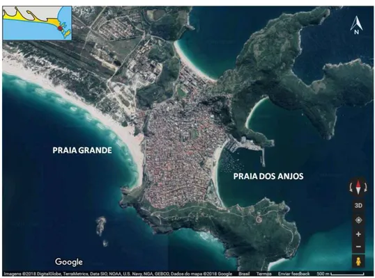 Figura 2. Imagem de localização da praia Grande e da praia dos Anjos, Arraial do Cabo/RJ 