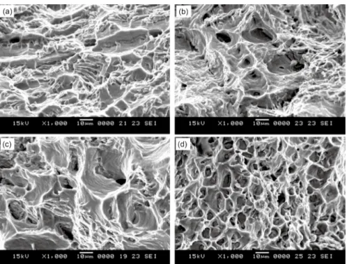 Fig. 4: SEM photographs of the  fracture of tensile test  specimens: (a) without any  ield, (b) with magnetic ield,  (c) with ultrasonic ield, (d)  with compound ieldFig