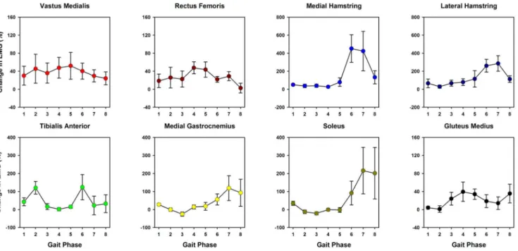 Figure 5. Phase dependent modulation in muscle activity during target-tracking. Mean muscle activation changes during target-tracking examined across 8 equal phases across a stride