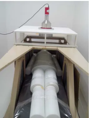 Figura 1: Sistema CCI composto por uma cama, o simulador BOMAB e um detector. 