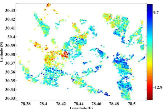 Fig. 5. Time series velocity plot of Tehri region showing SB  pixels (colour bar showing velocity in mm/yr)  This  implies  that  there  are  more  ground  resolution  elements  in  the  study  area  which  exhibit  the  characteristics  of  PS  than  slow