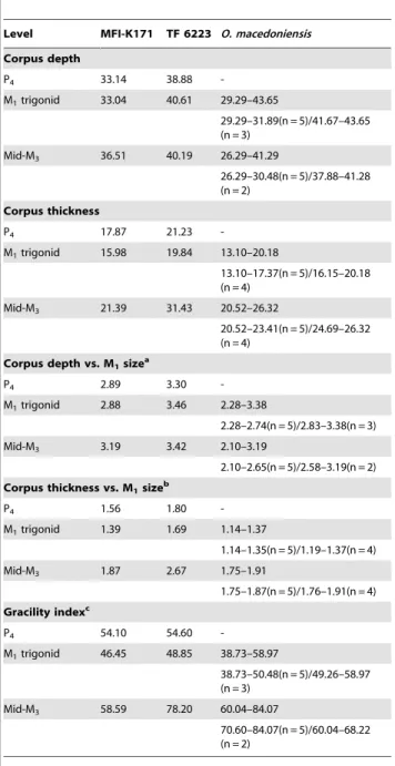 Table 2. Comparison of the corpora measurements and indices of MFI-K171, TF 6223, and Ouranopithecus macedoniensis.