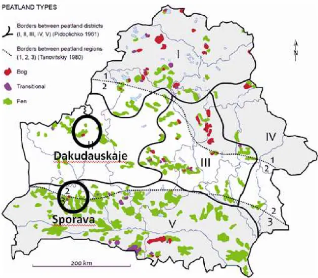 Figure 1. Locations of the Dakudauskaje and Sporava peatlands (circles) in Belarus. Peatland types are  indicated in red (=bog), green (=fen) and purple (=transitional)