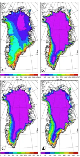 Fig. 1. Period (1958–2008) averaged anual sums of (a) snowfall (C) (b) melt (M), (c) rain, and (d) refrozen mass (E r ) (mm w.e.) as modelled in RACMO2