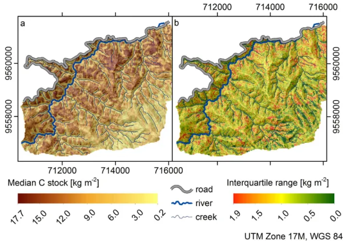 Fig 5. SOC stock prediction with best model BRT 3stepFS. a) Median prediction value, b) Interquartile range (overlaid hillshading with light source from north).