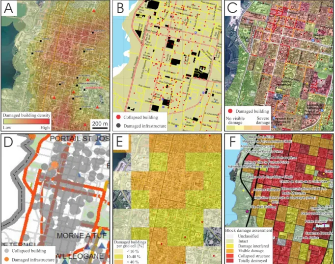 Fig. 1. Example damage maps of parts of Port-au-Prince (Haiti) following the 2010 earthquake, prepared by Service R´egional de Traitement d’Image et de T´el´ed´etection (SERTIT; A), Information Technology for Humanitarian Assistance, Cooperation and Action