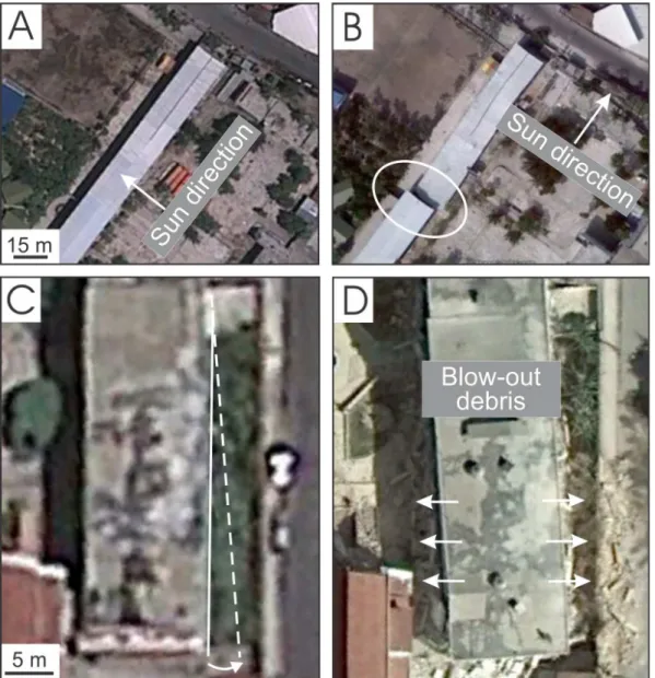 Fig. 5. Use of proxies in structural building damage assessment, such as shadow (A and B), and building offset and blow-out debris (C and D)