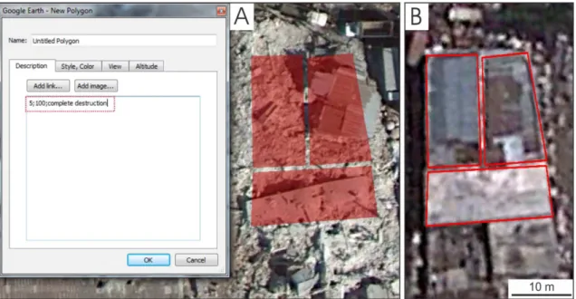 Fig. 6. Delineation of damaged buildings in Google Earth, and creation of kmz (Keyhole Markup Language) files that were later integrated by GEO-CAN