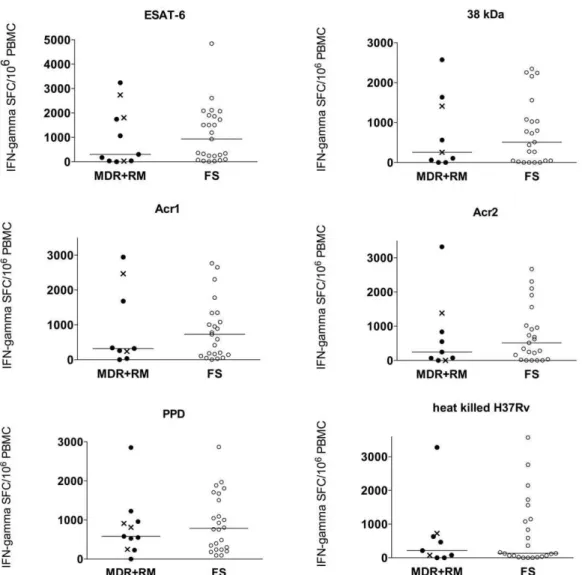 Figure 1. IFN-gamma ELISpot response of peripheral blood mononuclear cells (PBMC) stimulated with a range of Mycobacterium tuberculosis antigens, expressed as IFN-gamma spot forming cells per million (SFC/10 6 ) PBMC