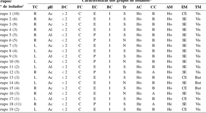 Tabela 1. Características morfofisiológicas dos grupos de isolados de rizóbio obtidos de amostras de solos de diferentes regiões na Amazônia TC pH DC FC EC BC Tr AC CC AM EM TM Grupo 1 (10) R Ac &gt; 2 C E I S Ho B Ho CE Vis Grupo 2 (6) R Ac &lt; 2 C E I S
