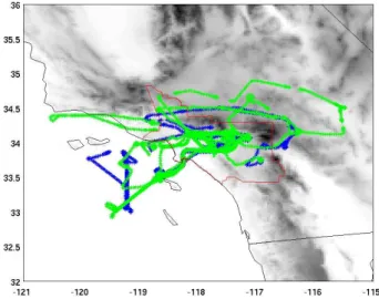 Fig. 1. Map of the domain showing the flight tracks from the 3 weekday flights (blue) and 3 weekend flights (green) of the NOAA P-3 aircraft during CalNex used in this study