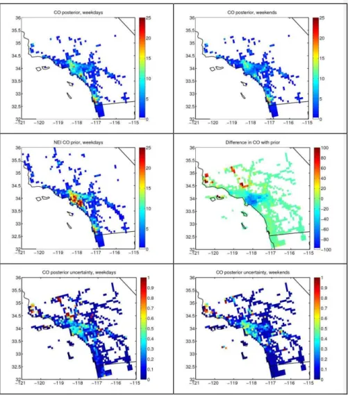 Fig. 3. Daytime average surface flux of CO during weekdays (10 −9 kg s −1 m −2 , top left) and weekends (top right); daytime average surface flux of CO in the NEI 2005 inventory (middle left); difference between the weekday posterior and NEI prior CO estim