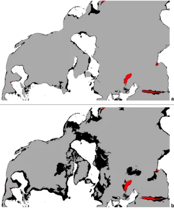 Fig. 3. Schematic delineation of different topographic regions R1 to R5. Depressions are marked d1 to d7 and lakes L1 to L5