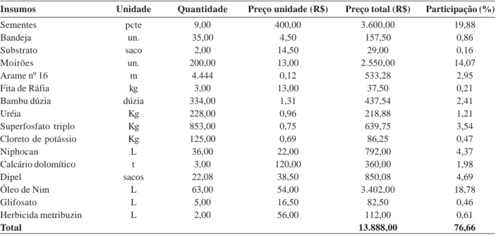 Tabela 3. Principais custos de insumos para implantação e condução de 1 ha de physalis na Região de Pelotas, RS, 2008
