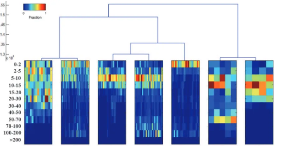 Fig 9. Dendrogram for tag #10P0648 determined from clustering analysis of differences in diving patterns Each column represents a 24-hours depth histogram (n = 175 days) and the color is the fraction of time