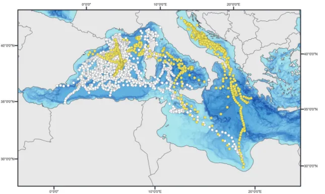 Fig 2. Daily positions based on estimated geolocation of the 38 tuna analyzed in this study and tagged within the Mediterranean Sea with pop-up satellite and archival tags