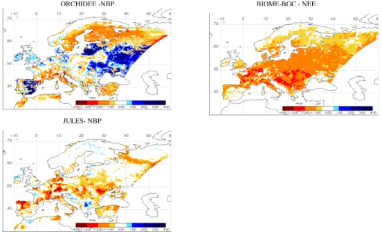 Fig. 5. Cumulative net land-atmosphere fluxes (kgC per 50 years, sum over 1951–2000) estimated with three ecosystem models