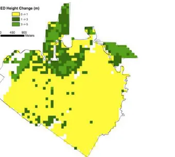 Fig 4. Lidar-initialized ED estimates of mean canopy top height change (2005 – 1998). The ED model was initialized with 1 ha lidar mean canopy top heights from 1998, and used to predict 1 ha mean canopy top height change in 2005.