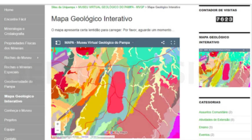 Figura 1. Visão geral do Mapa Geológico Interativo do Museu Virtual Geológico do  Pampa (https://sites.unipampa.edu.br/mvgp/mapa-interativo/)
