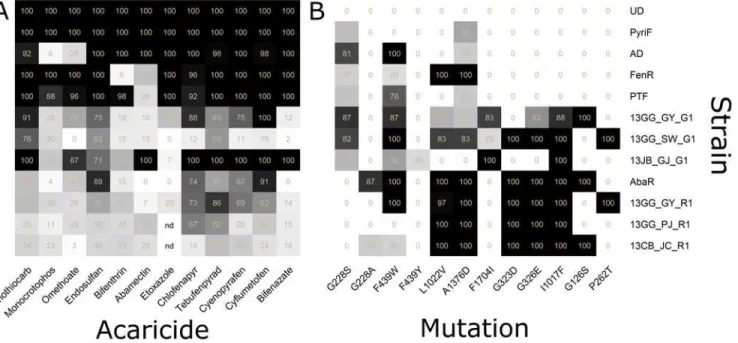 Fig 2. Heat maps of the mortalities and allele frequencies in 12 strains of T. urticae
