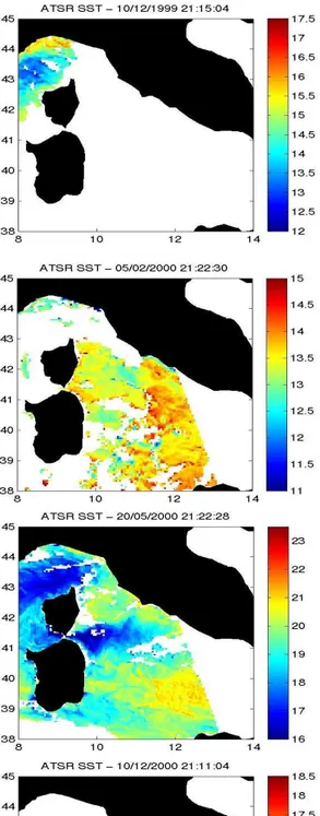 Fig. 5. Sea surface temperatures from ATSR images collected in the time frame of the XBT sections shown in Fig