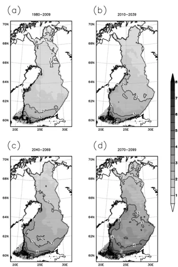 Figure 9. Projected multi-model mean for the April–October sea- sea-sonal severity rating (SSR) in 1980–2009 (a), 2010–2039 (b), 2040–2069 (c), and 2070–2099 (d) under the RCP8.5 scenario.